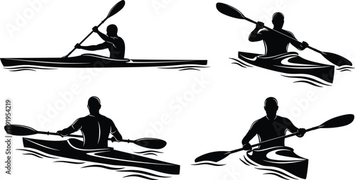 Kayaking and Outdoor Water Sports Silhouette Set Featuring Athletes Paddling Canoes on Waves for Adventure Travel Tourism and Summer Recreation Graphic Design Projects