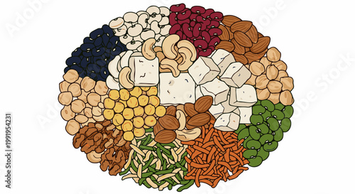 A circular arrangement of various nuts, beans, and tofu cubes