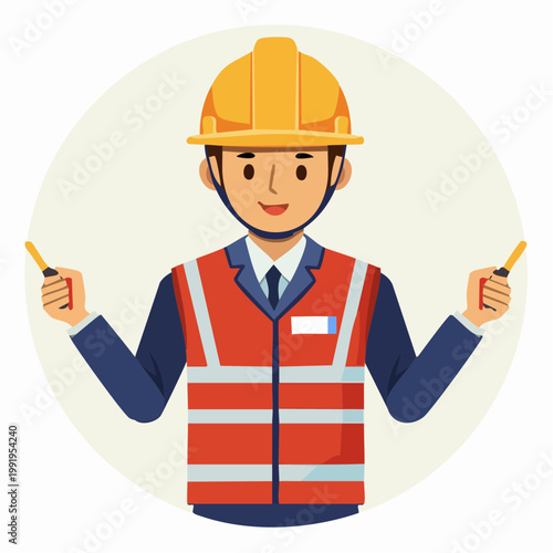 ヘルメットを被って指示を出す男性作業員のフラットイラスト