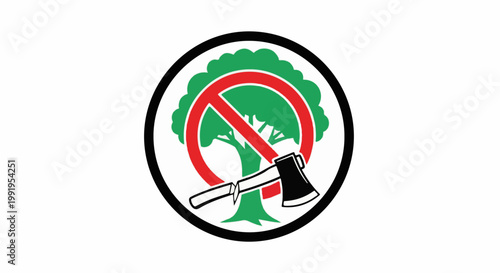 A circular emblem depicts a green tree with a red prohibition sign over it and an axe near its base