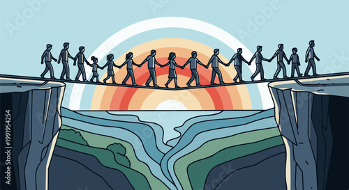 A chain of people, young and old, walk hand-in-hand across a chasm