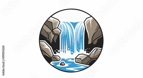 A circular emblem features a cascading waterfall between rocky outcrops and into a blue pool