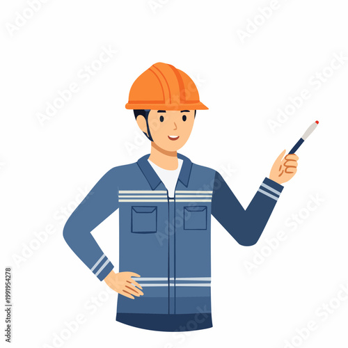 ヘルメットを被って指示を出す男性作業員のフラットイラスト