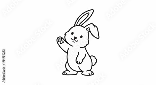 A charming cartoon bunny waves hello with a paw, its ears perked and tail fluffy
