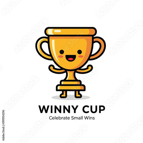 Happy Cartoon Trophy Cup Character Smiling.