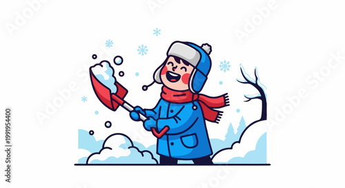 A cheerful child in winter attire joyfully shovels snow amidst a whimsical snowy landscape