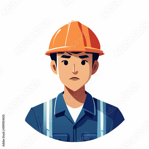 ヘルメットを被って不安な表情の男性作業員のフラットイラスト