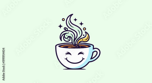 A cheerful cup of coffee, with steam forming whimsical shapes and sparkling accents