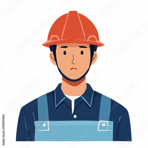 ヘルメットを被って不安な表情の男性作業員のフラットイラスト
