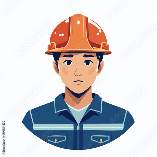 ヘルメットを被って不安な表情の男性作業員のフラットイラスト