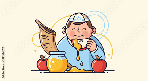 A cheerful figure in a cap eats an apple dipped in honey, with a shofar and apples nearby