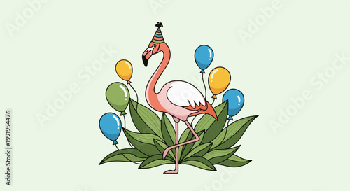 A cheerful flamingo wearing a party hat stands amidst lush green leaves and colorful balloons