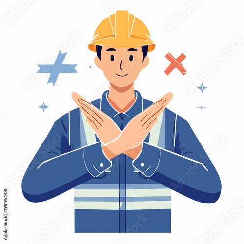腕でバツ印を作る男性作業員のフラットイラスト