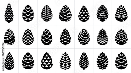 Collection of various geometric pinecone icons and cedar seed silhouettes set on a plain white background, concept for logo design, winter holiday decoration and forest themed branding