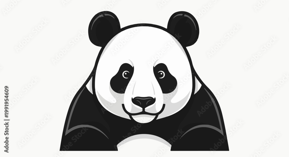 Fototapeta premium A cartoon panda face with black eyes, ears, and body, set against a white background