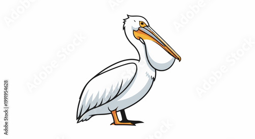 A cartoon pelican with a white body, orange beak, and black outline