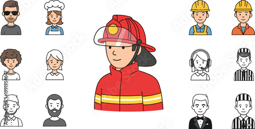 Professional People Avatar Collection Featuring Firefighter Construction Workers Chef and Service Staff in Colorful Flat Design for Career and Recruitment Graphic Projects