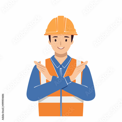 腕でNGサインを出す男性作業員のフラットイラスト