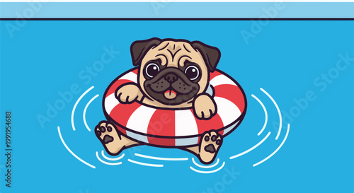 A cartoon pug dog floats happily in blue water with a red and white striped life preserver