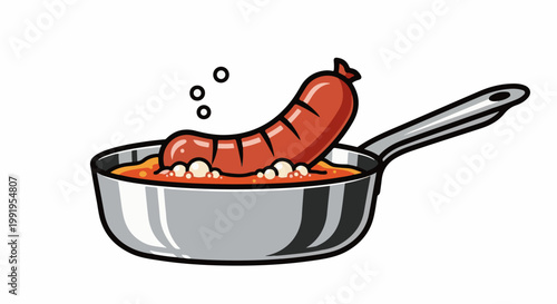 A cartoon sausage simmers in a bubbly, tomato-based sauce within a shiny pan