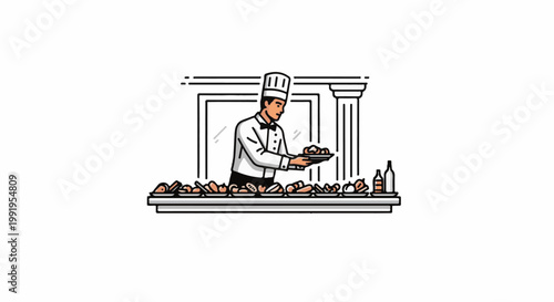 A chef presents a tray of food before a buffet spread with drinks