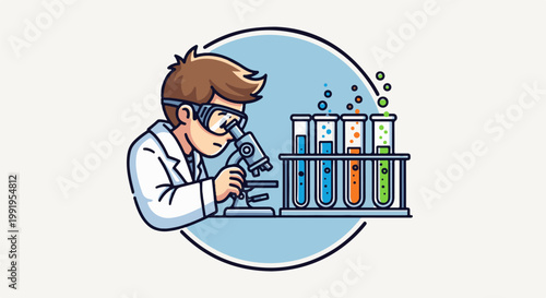 A cartoon scientist wearing goggles and a lab coat peers into a microscope next to colorful test tubes
