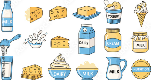 Dairy Products Food Icon Set Milk Cheese Yogurt Butter Cream Collection