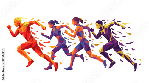 Geometric low poly illustration of diverse business managers and directors running fast in a race on white background, concept for corporate competition, career growth and marketing strategy