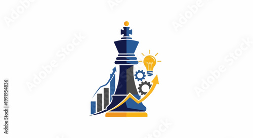 A chess king piece with a lightbulb, gears, and rising graph icons
