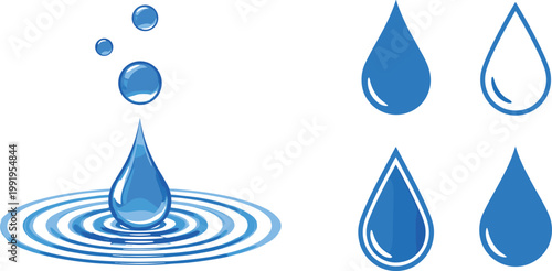 Water Drop and Splash Icon Set Featuring Blue Droplets Falling into Concentric Ripples and Various Liquid Symbols for Hygiene Environment and Beverage Graphic Design