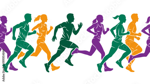 Colorful silhouettes of diverse corporate managers and athletes running in a row on a white background, concept for business competition, career growth and healthy lifestyle advertising