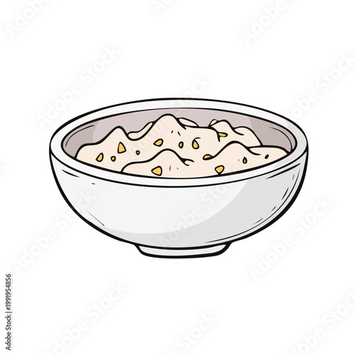 Hand drawn illustration of a bowl filled with creamy oatmeal and nuts for breakfast.