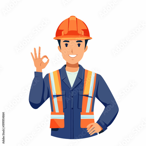 ヘルメットを被ってOKサインを出す男性作業員のフラットイラスト