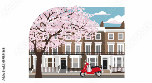A cherry blossom tree in full bloom shades charming terraced houses with a red scooter parked outside