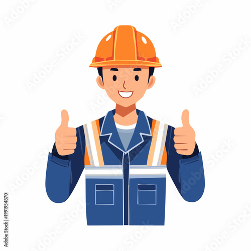 親指を立てていいねポーズをする男性作業員のフラットイラスト（アップ）