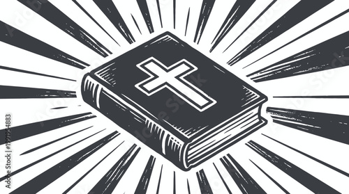 Holy bible book with christian cross on cover and radiating sunburst light rays in vintage woodcut style, concept for religious education, christian worship service and gospel preaching