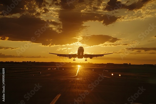 Passenger airplane taking off against sunset, journey begins.