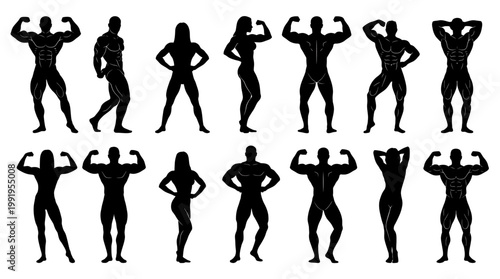 Diverse collection of male and female bodybuilder silhouettes posing in athletic competition stances on a white background, concept for fitness branding, gym marketing and sports advertising