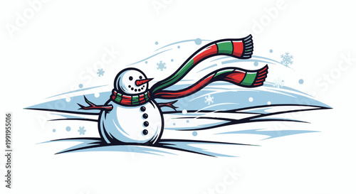 A cartoon snowman with a striped scarf and twig arms stands in the snow