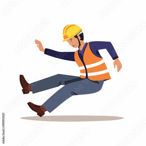 ヘルメットを被って転倒する男性作業員のフラットイラスト（危険予知）