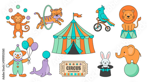 Cute cartoon circus characters set with tent, juggling monkey, jumping tiger, clown and performing animals on white, concept for kid's party decor, nursery wall art and school materials