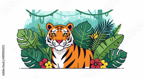 A cartoon tiger peeks from behind lush jungle foliage with hanging vines