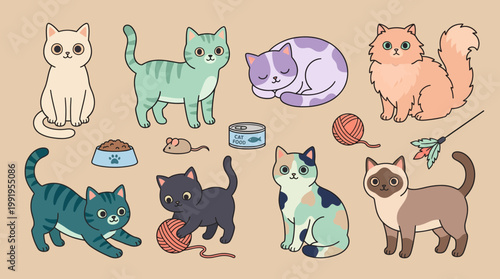Collection of cute hand drawn cats in various breeds and playful poses with pet accessories on a beige background, concept for pet store branding, animal care blog and veterinary promotion