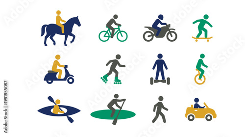 Diverse colorful icons of business executives and office managers using various transportation methods for commuting, concept for urban mobility, corporate wellness and travel logistics