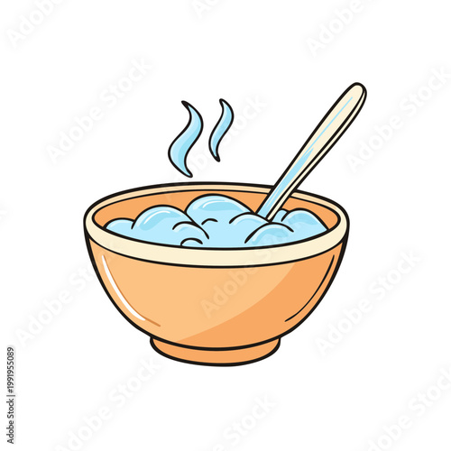Bowl of hot steaming porridge with spoon and rising steam isolated on white background
