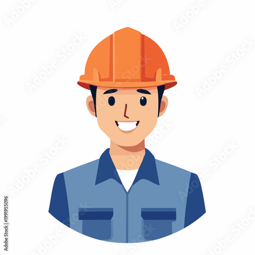 ヘルメットを被って笑顔の男性作業員のフラットイラスト（アップ）
