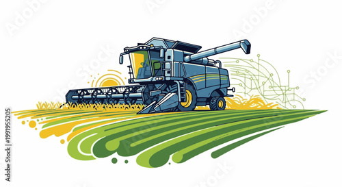 A blue and yellow combine harvester gathers crops in a stylized green and yellow field with a digital network