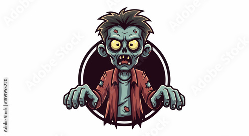 A cartoon zombie with glowing yellow eyes and decaying skin, dressed in ripped clothes, extends its hands