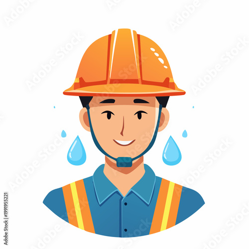 ヘルメットを被って汗を流す男性作業員のフラットイラスト（アップ）