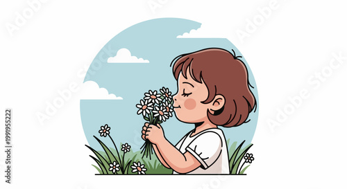 A child joyfully inhales the fragrance of a bouquet of daisies under a sky with clouds